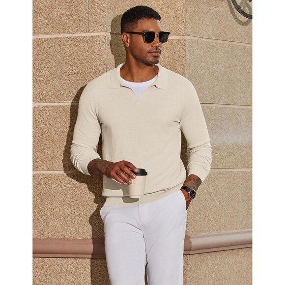 Men's Knit Polo Long Sleeve V-Neck Pullover Sweaters Collared Knitted Beige - Picture 3 of 6